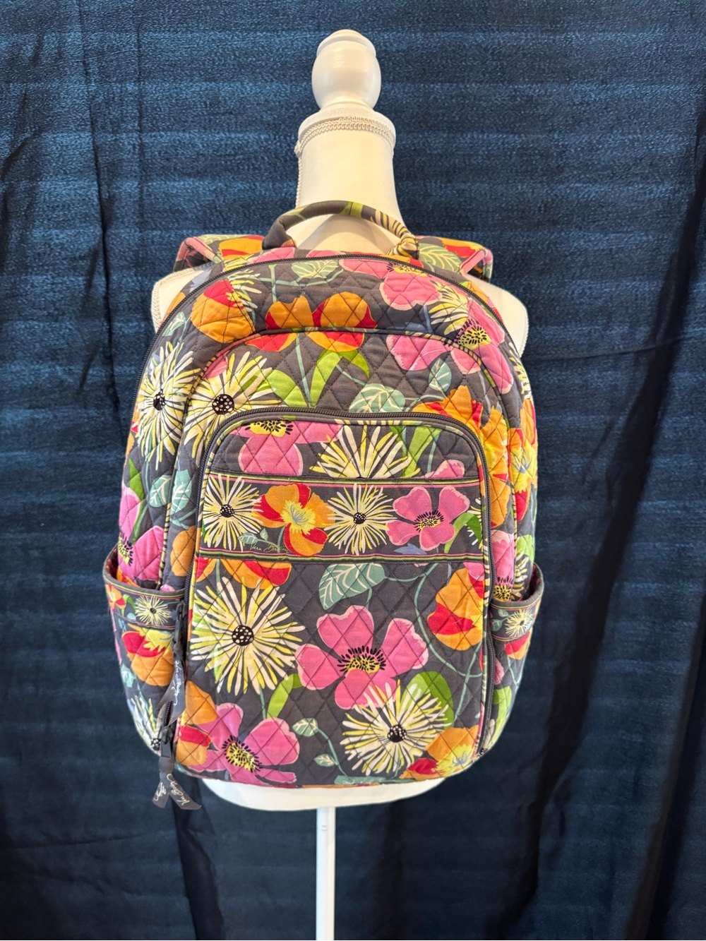 Vera Bradley Quilted Floral Backpack in Gray with Pink & Yellow Flowers